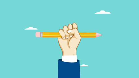 education power, study or learning new skill, knowledge or wisdom, courses or develop creativity, the power of education, hand holding a pencil excitedly illustrationのイラスト素材