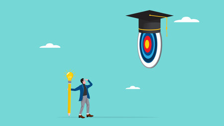 education goals, educational targets or skills development, strategy to achieve higher education, effort to graduate high degree education, smart man aiming at target board with graduation capのイラスト素材