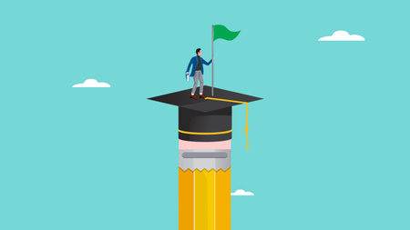 success education, strategy to achieve higher education, effort to graduate high degree education, success man climbs the top of the pencil with a graduation hat while carrying a victory flagのイラスト素材
