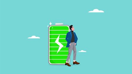businessman with full battery concept illustration, Productive and Efficiency businessman Employee, full of energy or enthusiasm for work, motivation to success at workのイラスト素材