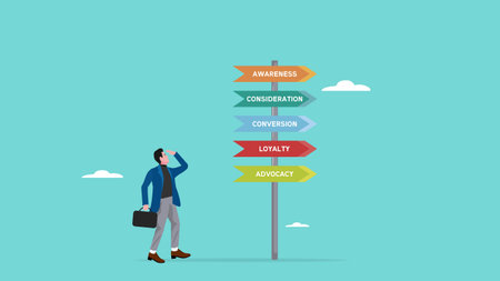 customer journey, process for customer to experience until purchase product and recommend to others, analysis of marketing or advertising strategies, businessman looking at customer journey chartのイラスト素材