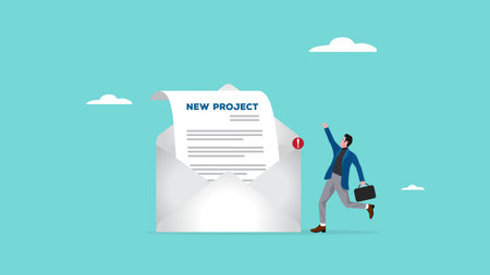 get new project from email with businessman jumping happily next to email envelope notifying new job, job offer or new opportunity from email concept, human resources, vacancy or hiring illustrationのイラスト素材