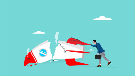 Failed and crashed business rocket startup, sad businessman with broken rocket illustration, business failure concept,のイラスト素材