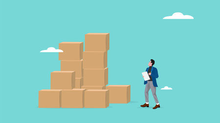 businessman check package illustration, logistic fast online delivery concept, quality control of cardboard parcel boxes in warehouse factory concept vector illustrationのイラスト素材