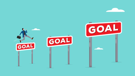 small target achievement as motivate to achieve bigger target or goal, business people go through small obstacles to bigger obstacles, strategies to inspire greater successのイラスト素材