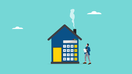 House mortgage cost calculation, budget assumptions on real estate investment, businessman holding pencil with calculator home concept vector illustrationのイラスト素材