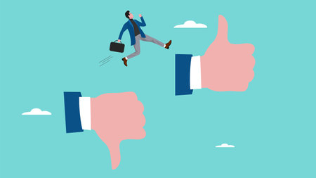 transform to better business opportunity, courage businessman jumping from thumb down to thumb up to take new opportunities, determination to progress or career growth, improvement to take career pathのイラスト素材