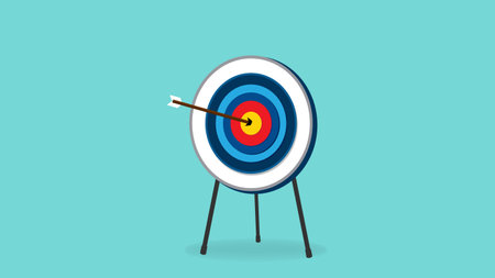 business target achievement, target with arrow, dartboard standing on a tripod with arrows sticking straight into the target vector illustration with flat design styleのイラスト素材