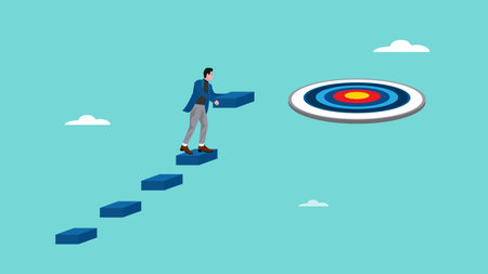develop business strategies to achieve goals and targets, efforts to achieve success, success step to achieve success, businessman build stairs to achieve successのイラスト素材