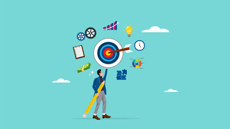 project management plan, design of business strategies to develop new products, work procedures to achieve business targets, businessman holding pencil and dart board with business project managementのイラスト素材