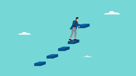 build a ladder of success, businessman building staircase from beam to progress ascending business growth, self development or career growth and job position improvement, efforts to growing businessのイラスト素材