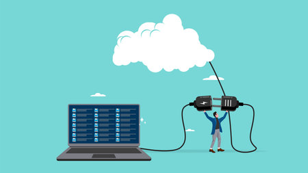 cloud computing technology, cloud storage for data protection or sharing file, technology to communicate with teams while working remotely, businessman or employees connect laptops to cloud computingのイラスト素材