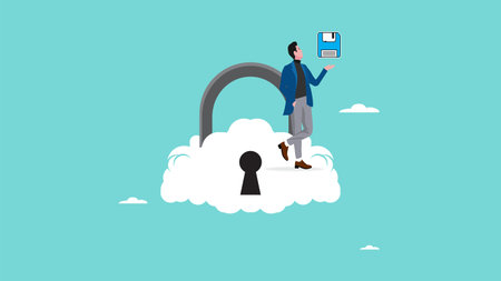 cloud computing security to protect data or information for remote work, data security technology for company server computers, businessman carrying data over secure cloud padlock concept illustrationのイラスト素材