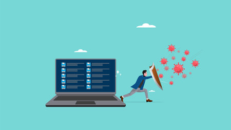 protective shield company data security from cyber attacks, businessman uses a protective shield to prevent viruses from attacking company data on laptop computers, protection from threat illustrationのイラスト素材