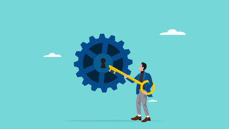 key solution for running business projects, strategy or way to run a successful business, unlock the potential for success, smart businessman opens control center of cogwheel gear using big golden keyのイラスト素材