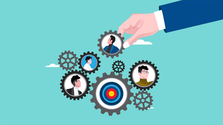 business leadership, skill to direct business operations or design business strategies, strategy to achieve business targets or goal, businessman hand arrange gear movements to achieve business targetのイラスト素材