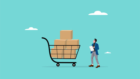 Inventory Management With Goods Demand And Stock Supply Planning, businessman checks shopping basket containing cardboard boxes to stock production materials, check inventory concept illustrationのイラスト素材