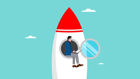 working on business startup with businessman working using a laptop while sitting on a rocket, launching a new business or product, startup project development concept vector illustrationのイラスト素材