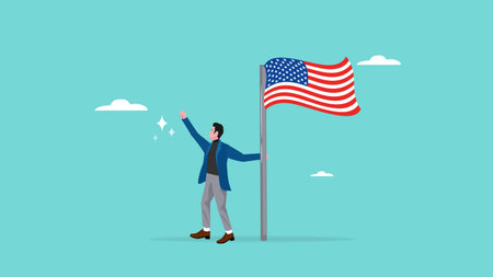 businessman holding national united states flag to celebrate american independence day moment, happy 4th of july concept illustrationのイラスト素材