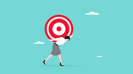businesswoman carrying out targets for his business, targets and struggles, journey to achievement, struggle to achieve success flat design vector illustration, effort to reach target or goalsのイラスト素材