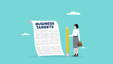 business target plan, business goal to achieve success, strategy or procedure to reach success in business, businesswoman who is explaining business target with strategy while carrying a big pencilのイラスト素材