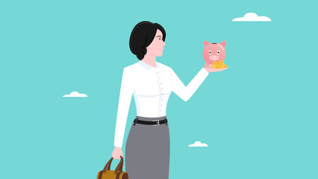 saving money, investment or wealth management, Mutual fund or growing investment, wealth profit growth, businesswoman show his piggy bank and golden coin concept vector illustrationのイラスト素材