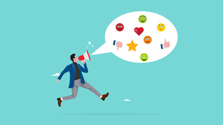 customer experience, comments regarding service or product quality, CX or UX user experience, customer feedback, man using megaphone giving experience rating with speech bubble and feedback iconのイラスト素材