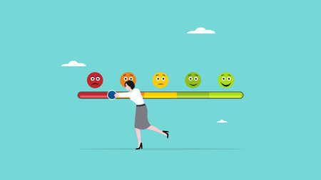 negative feedback, customer dissatisfaction, bad ratting or complaint from customer concept vector illustration, woman pushing rating bar to dissatisfaction levelのイラスト素材