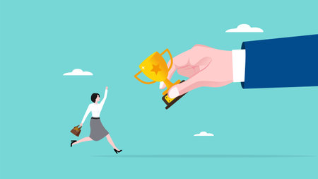 office worker achieve trophy from businessman hand vector illustration, business success, career achievement concept, celebrate work achievement, winning prize or trophy on work illustrationのイラスト素材