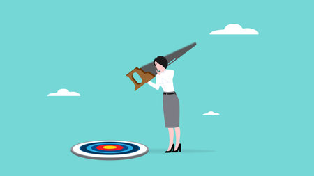 business target management, strategy or procedure to achieve business target or goals, division of business targets concept, businesswoman splits target board using saw concept vector illustrationのイラスト素材