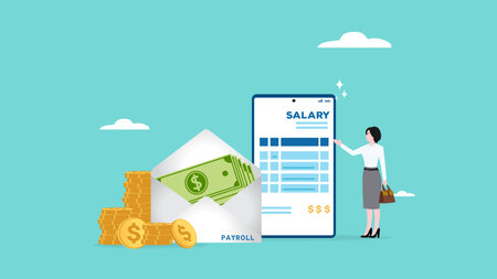 salary payment and payroll system, online income calculate and automatic payment, office accounting administrative or calendar pay date, smart businesswoman standing with online payroll smart phoneのイラスト素材