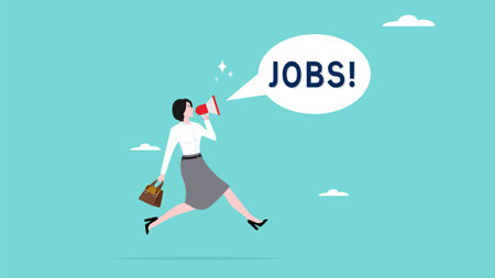 job vacancy announcement advertisement, woman announcing job vacancy using megaphone concept vector illustrationのイラスト素材
