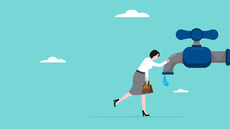 economic recession or crisis with the concept sad businesswoman because financial economy faucet is off, financial inflation concept, stock market plunge or falling down concept vector illustrationのイラスト素材