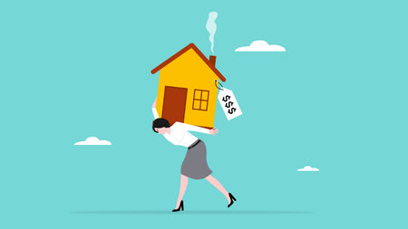 house mortgage overpay concept, real estate payment overprice, Property payoff to credit concept, depressed woman office worker man carrying house with expensive price tag vector illustrationのイラスト素材