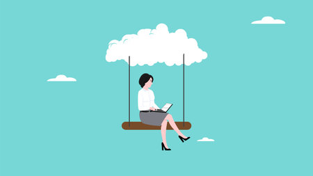 cloud computing on corporate infrastructure, remote work or work from home, technology to connect humans to complete work, woman working using laptop sitting on cloud swing concept illustrationのイラスト素材