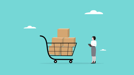 Inventory Management With Goods Demand And Stock Supply Planning, woman checks shopping basket containing cardboard boxes to stock production materials, check inventory concept illustrationのイラスト素材