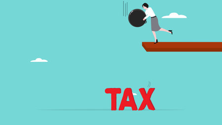 reduce tax liability, optimizing income tax value and wealth management, Tax payment reduction concept, Businesspeople drop a weight ball on the word tax to reduce its valueのイラスト素材