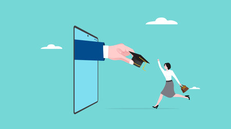 online lectures, happy woman gets graduation cap from online college, online study concept vector illustrationのイラスト素材