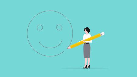 happiness, motivation or enthusiasm to live a happy life, positive thinking concept, happy businesswoman uses a pencil to draw a smiley face icon on the wallのイラスト素材