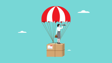 dropshipping business opportunity, businesswoman using binoculars while riding a flying parachute with package concept vector illustrationのイラスト素材