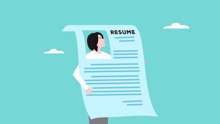resume or CV, present business profile to apply for new job concept, businesswoman holding his resume printed paper present his working profile for hiring concept vector illustrationのイラスト素材
