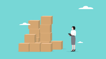 businesswoman check package illustration, logistic fast online delivery concept, quality control of cardboard parcel boxes in warehouse factory concept vector illustrationのイラスト素材