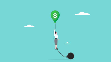 Conflict or interest decision, conflict management concept, confused businesswoman who is bound by a balloon of interests and weight ball of conflictのイラスト素材