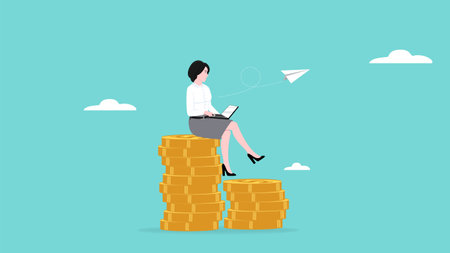 woman working using a laptop on a pile of golden coins, earn money from online business or work concept vector illustrationのイラスト素材