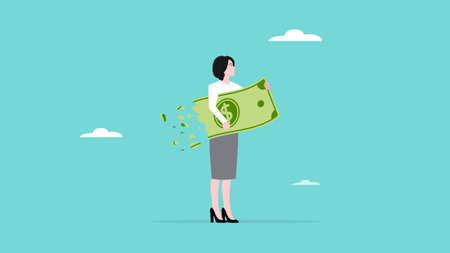 lost money investment in economic recession or falling stock market value, businesswoman holding large dollar banknotes that are crumbling and decreasing in value concept vector illustrationのイラスト素材