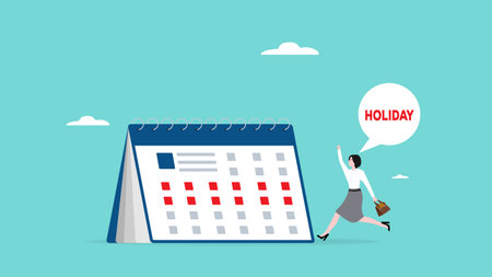 holiday calendar with happy businesswoman concept vector illustration, holiday planning schedule, company holiday for employee, relax after work, employee appreciation day or long holidayのイラスト素材