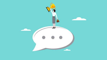 communication skill for success, expertise in sending message or promotions according to the target audience, successful woman holding success trophy on speech bubble concept vector illustrationのイラスト素材