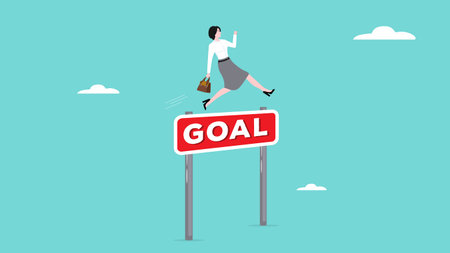 reach business goals or career success, overcome difficulty to achieve business goals, performance or skill to reach goal, businesswoman jump over hurdles to reach goalsのイラスト素材