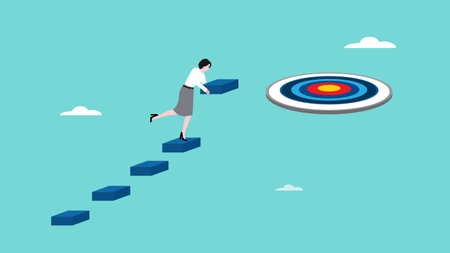 develop business strategies to achieve goals and targets, efforts to achieve success, success step to achieve success, businesswoman build stairs to achieve successのイラスト素材