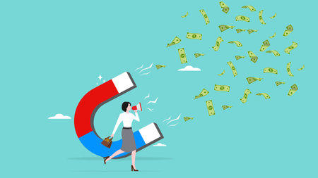 promotion or digital marketing to gain many benefits, Business woman use megaphones and big magnets to attract customers to make big profitsのイラスト素材